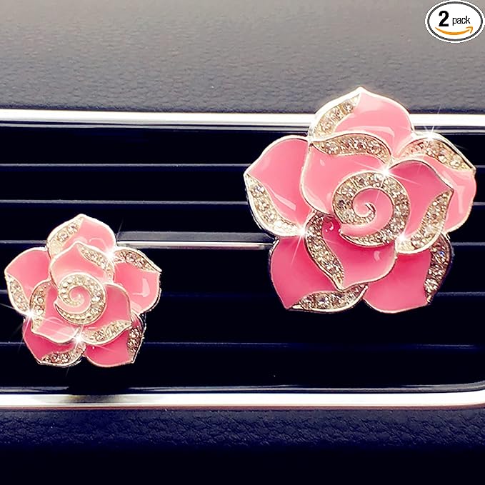 2 Pcs Camellia Air Vent Clips, Cute Flower Car Air Freshener Clip, Bling SUV Outlet Decorations, Crystal Rose Vent Diffuser, Charm Car Inter Decor Accessories for Women Girls