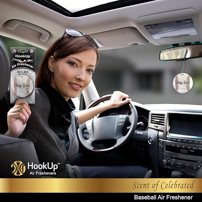 Baseball Car Air Freshener by HookUp - 4 Pack - Black Gold Scent (Extra Strong) | Unique Baseball Gift for Players, Coach, Fans | Hanging Car Accessory with Long Lasting Fresheners Smell