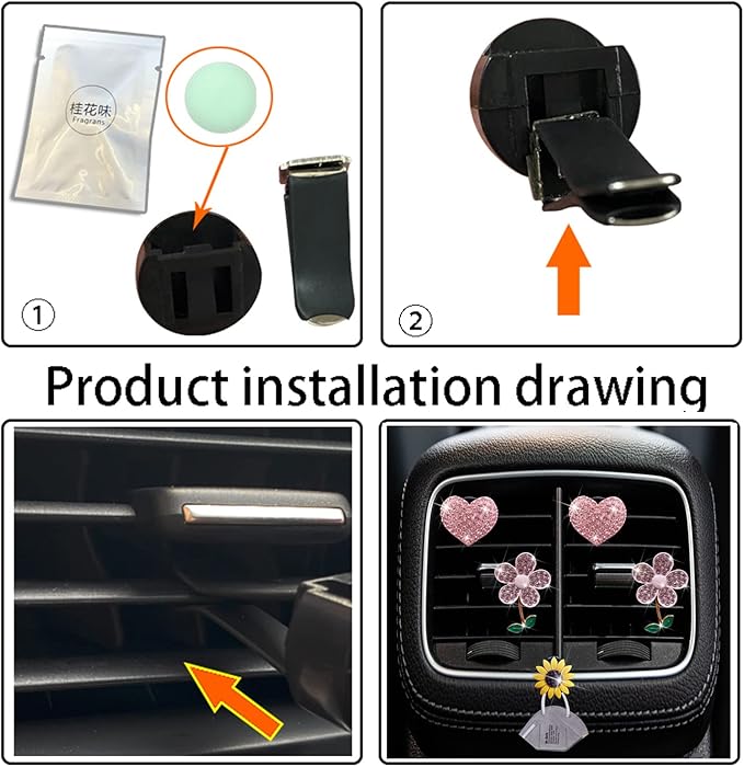 Bling Pink Daisy Car Air Fresheners with 4 Heart Vents Clips for Women's Carr deco + Mask Hook