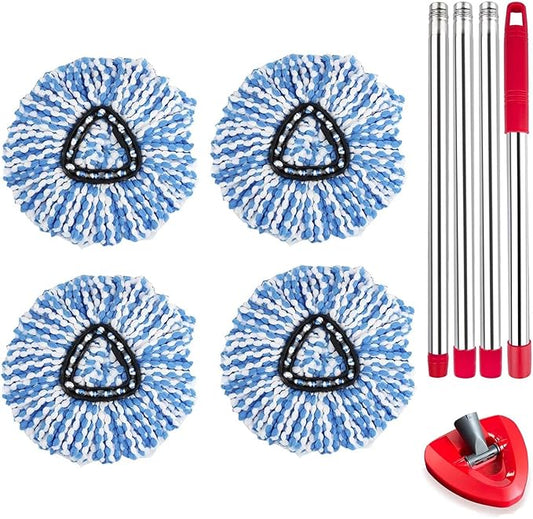 4 Pack Spin Mop Replacement Heads, Microfiber Refill Heads, Adjustable 30-56 in Stainless Steel Handle, Triangle Base, Machine Washable, for Dual-Tank Spin Systems
