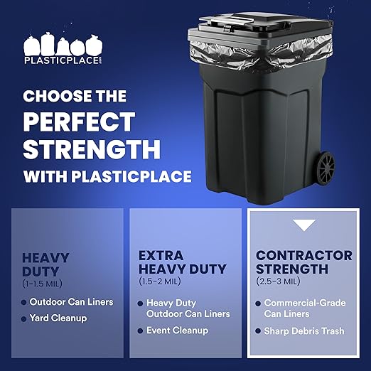 Plasticplace 65 Gallon Trash Bags │ 2.7 Mil │ Black Heavy Duty Garbage Can Liners │ 50” x 48” (25 Count) (W65LDB225A)