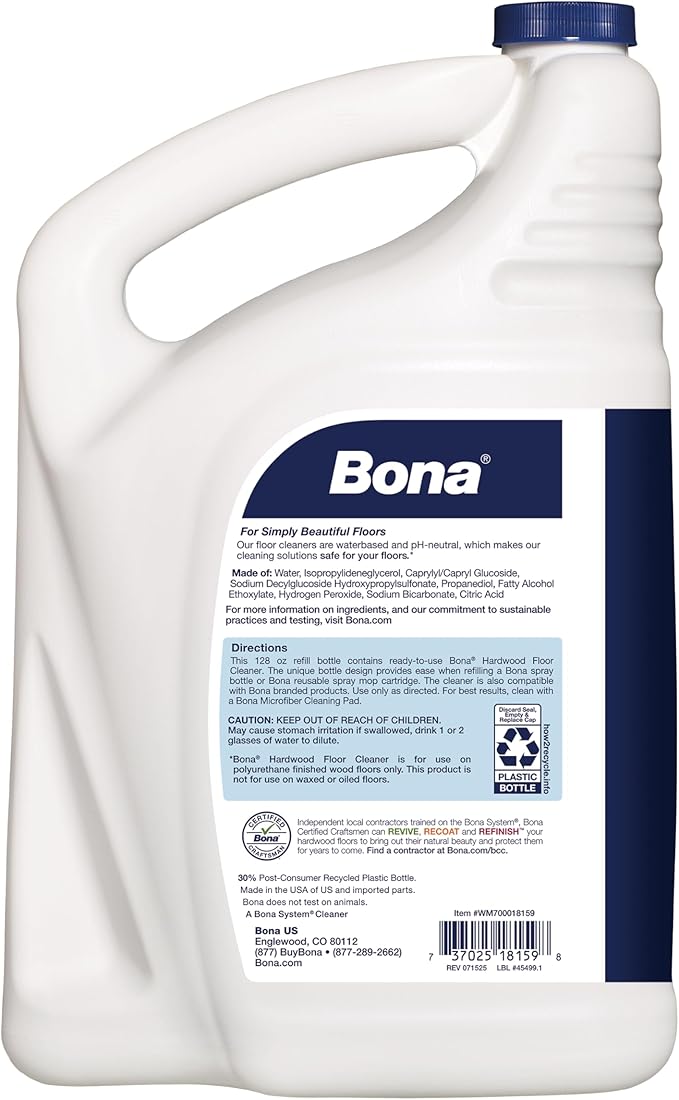 Bona Hardwood Floor Cleaner Refill, 128 fl oz, Unscented, Refill for Spray Mops and Bottles, Residue-Free Floor Cleaning Solution for Wood Floors