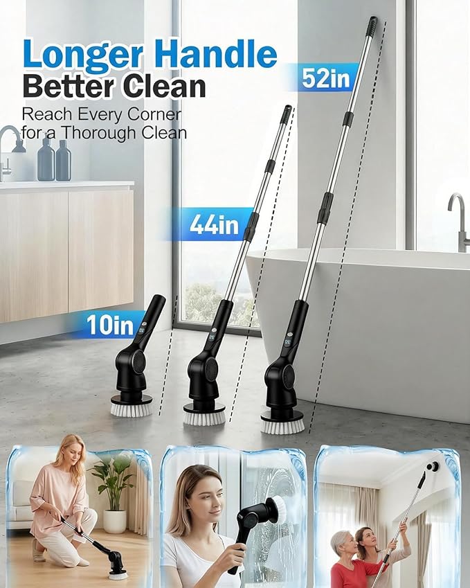 Electric Spin Scrubber, 3-Speed Cordless Shower Scrubber with 90° Adjustable & 10 Replaceable Brush Heads, 90 Mins Runtime & Full-Body IPX7 Waterproof Shower Cleaner Brush with Long Handle