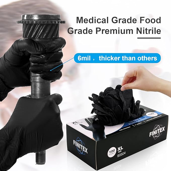FINITEX Black Nitrile Disposable Medical Exam Gloves - 100/1000 PCS 6.3mil Powder-Free Latex-Free Food Gloves