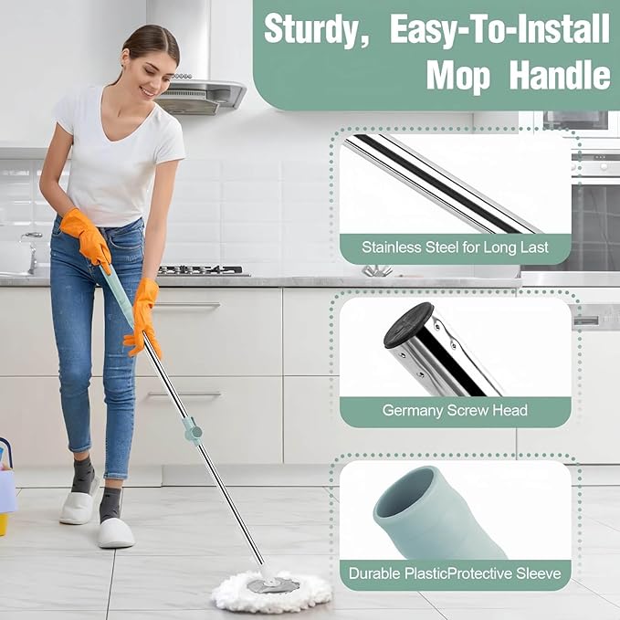 Spin Mop Replacement Handle, Upgraded Reinforced Locking 360° Spinning Adjustable Cleaning Mop, 2 Reinforced Locking Telescopic Rods + 3 Reusable Microfiber Mop Refills + 1 Stainless Steel Tray
