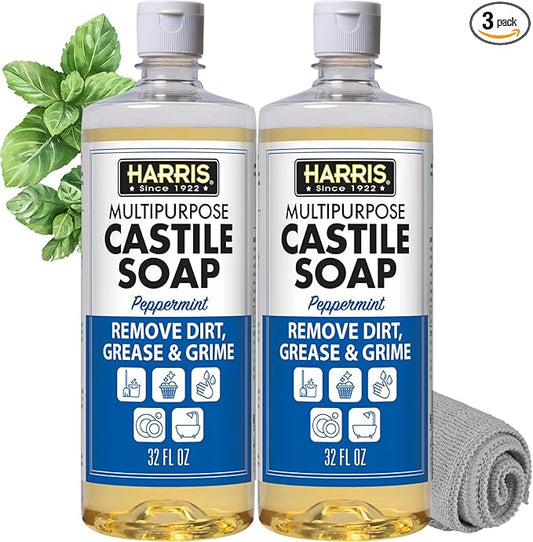 HARRIS Multi-Purpose Liquid Castile Soap for Home Cleaning, Use as Dish Soap, Laundry Detergent, Kitchen & Bathroom Surface Cleaner, Kids Room, 2 Pack of 32 Fl Oz with Microfiber Cloth (Peppermint)
