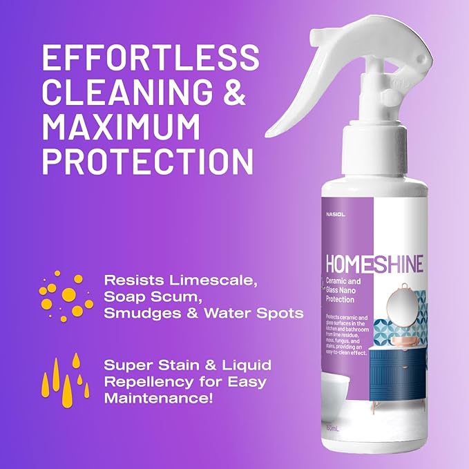 Nasiol HomeShine Glass Nano Protection, Shower Spray, Hydrophobic Spray, Shower Bathtube Cabin Stain Guard Window Water Repellent, Ceramic and Glass Surface Durable Coating