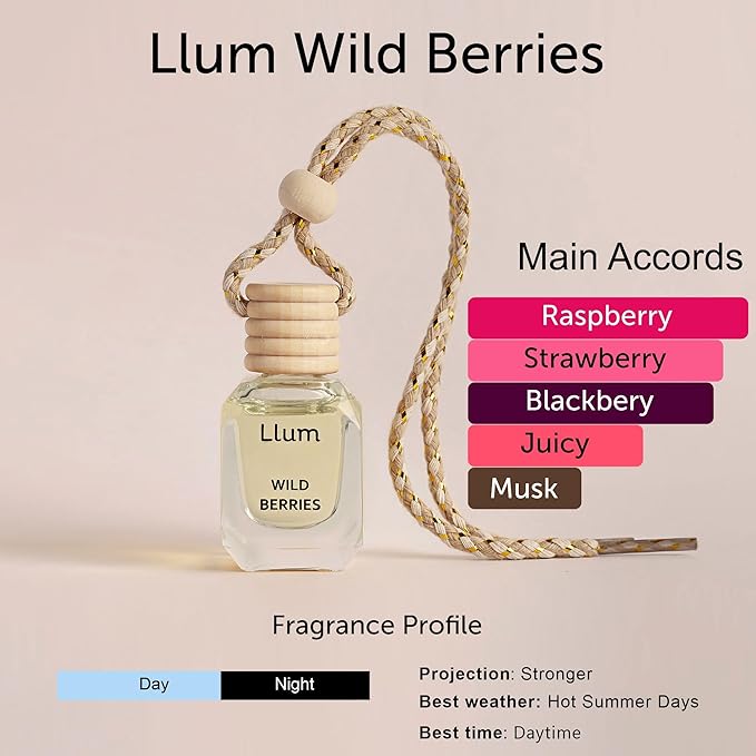Llum Wild Berries Hanging Car Air Freshener – Luxury Automotive Perfume Diffuser 10ml (0.34 fl oz), Long-Lasting Fragrance, Alcohol-Free Non-Toxic Car Scent, Glass Bottle With Wood Cap