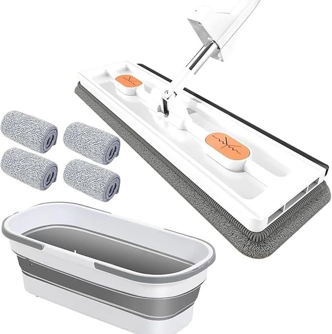 Dfcdcoo New 2024 Style Large Flat Mop,Roseionly Large Flat mop,360° Rotating Magic Self Wringing Flat Mop,Large Flat Mop and Scalable Bucket with Wheels (White+White Bucket)