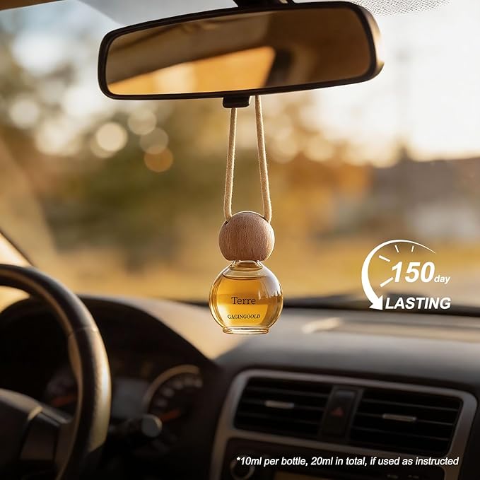 Car Air Freshener Hanging 2 Pack, Terre Scent Essential Oil Diffuser Long Lasting Up to 150 Days, Cute Car Accessories with 2 Vent Clip for Women Men Gift, Odor Eliminator