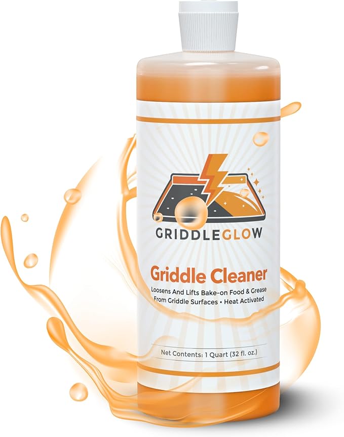 Griddle & Flat Top Grill Biodegradable Cleaner. Easy Pour Squeeze Bottle 32 oz. Fast Acting Formula, Food Safe, Glycerin-Based and Caustic Free. Heat Activated Removes Grease and Baked-on Food, Safe