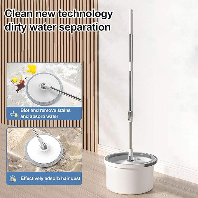 Spin Mop and Bucket Set with 2 microfibra Replaceable Mop Pads Self Separation Dirty and Clean Water System with Self Wringing 360° Rotating Mop-Head for Hardwood Tile Marble Floors (Round)