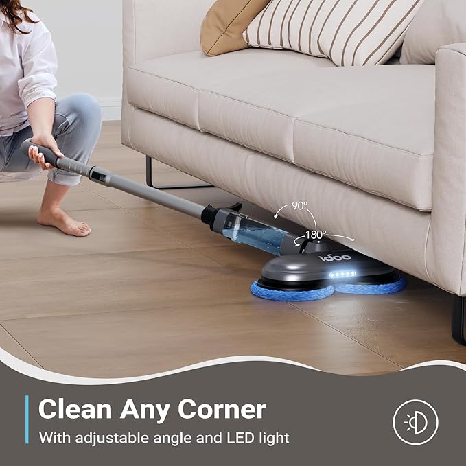 iDOO Cordless Electric Mop, Rechargeable Spin Mop with Water Spray & LED Headlight, Quiet Self Propelled Floor Cleaner, Washable Pads & 350ml Water Tank, Lightweight Floor Scrubber for All Floors