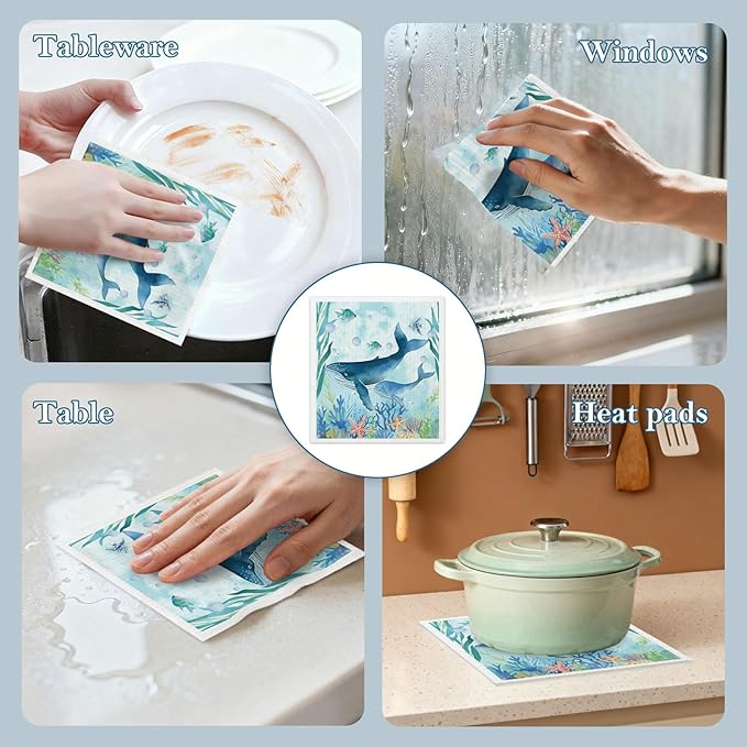 Mixed Ocean Animal Swedish Kitchen Dishcloths Dish Towels 6 Pack, Dish Towels for Kitchen, Swedish Dishcloth with Octopus, Paper Towels Reusable, Dish Cloth Towel Cleaning Wipe for Home Party