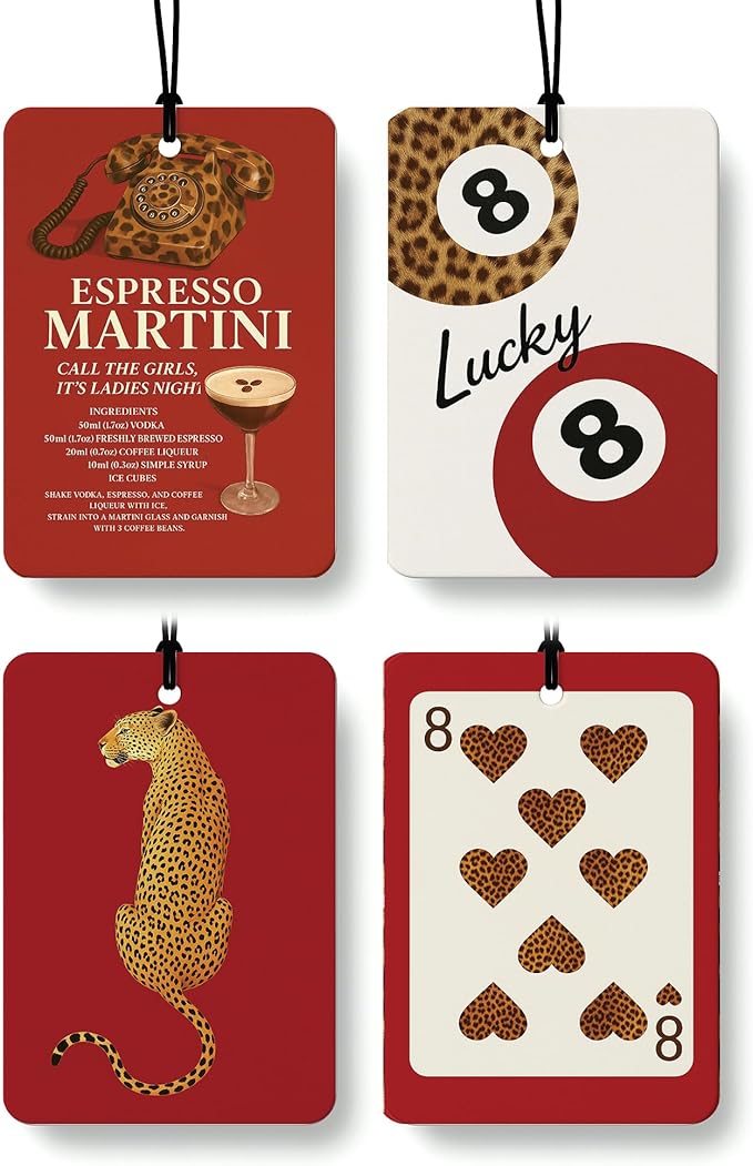 Funky Red Cheetah Car Air Freshener 4 Pcs, Trendy Lucky 8 Ball Leopard Poker Hanging Air Freshener for Cars Closet Drawer Books, Red Cheetah Car Accessories Mirror Decor for Women