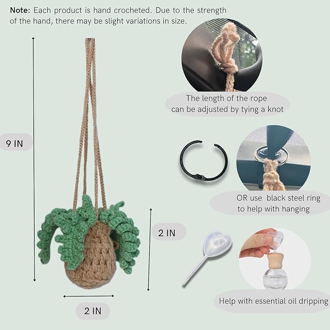 Handmade Crochet Hanging Car Air Freshener - Botanical Fern Leaf Design with 12ml Refillable Glass Essential Oil Bottle, Long-Lasting Car Diffuser & Nature-Inspired Decor