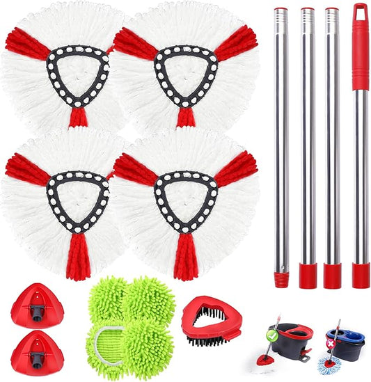 Chenille Mop Heads Replacements 4 Pcs & 4 Red Mircofiber &1 Brush Head & 2 Base & 1 Set Handle for Ocedar Easywring 1-Tank System,Reusable Microfiber Spin Mop Replacement Head for Floor Cleaning