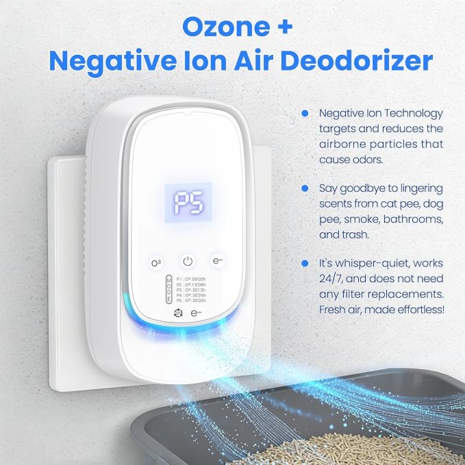 Plug-in Air Ionizers Ozone Odor Eliminator Cat Litter Deodorizer for Strong Odor 99% Pet Odor Removal for Home Air Purifier for House Bathroom Cabinet Garage