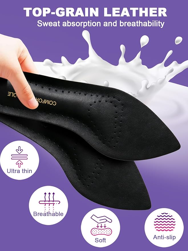 Leather High Heels Insoles for Women, Uultra-Thin Self-Adhesive Non-Slip Pointed Toe Heel Inserts, Shock & Sweat Absorption - Comfort Shoe Pads for High Heels Sandals Flats (Black, Women 6-7 .5)