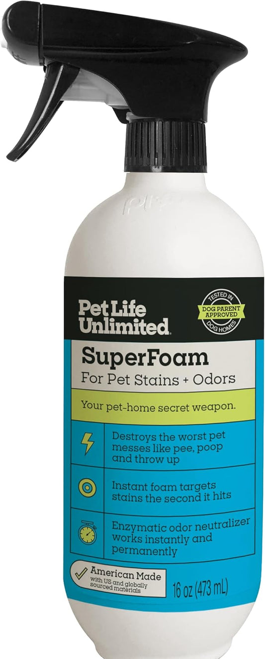 Pet Life Unlimited SuperFoam Spray, Carpet and Surface Cleaner for Dog Urine, 16 oz, Strong Odor & Stain Remover, Plant-Based Formula, Natural Juniper Leaf Scent, Two-Way Spray, USA Made (Pack of 1)