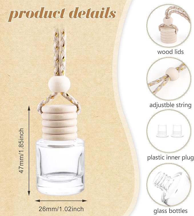 50 Pcs Car Hanging Air Freshener Empty Car Essential Oil Diffuser Bottles Pendant Glass Perfume Bottles Aromatherapy Fragrance Bottle Auto Ornaments Decor