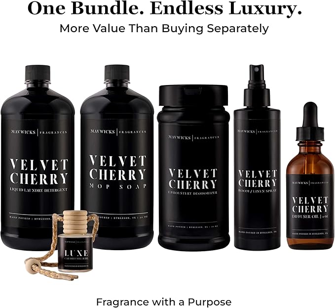 Fragrances - Lovers Bundle – 6-Piece Set | Velvet Cherry | Laundry Detergent 32oz, Mop Soap 32oz, Linen & Room Spray 8oz, Diffuser Oil 2oz, Upholstery Deodorizer 16oz & Car Diffuser