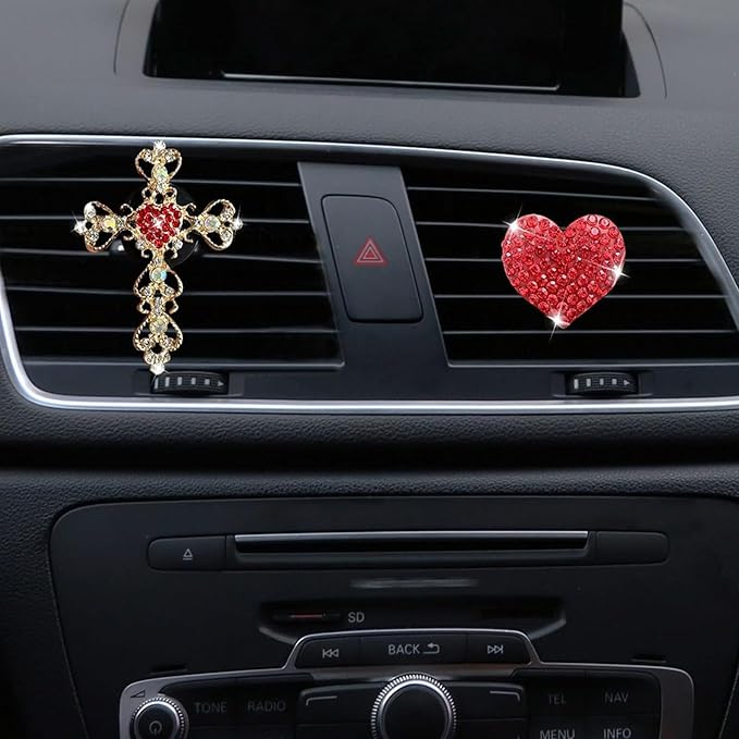 2PCS Bling Car Vent Clip Car Accessories, Crystal Rhinestone Cross and Heart Car Air Fresheners Vent Clips, Diamond Auto Air Conditioner Outlet Decoration Charm for Women