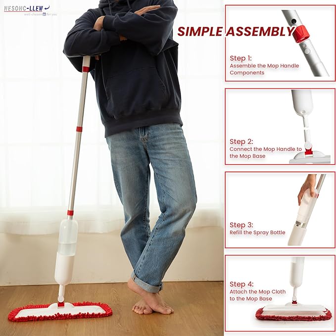Spray Mop for Floor Cleaning with 2 Microfiber Pads Featuring Tassel Edges, Lightweight Aluminum Handle, and Even Spray Nozzle for Efficient Cleaning