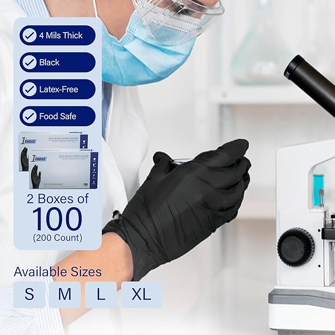 1st Choice Black Nitrile Gloves Disposable Latex Free - Exam Grade Black Gloves for Cooking, Medical, Dental, Cleaning - 4mil