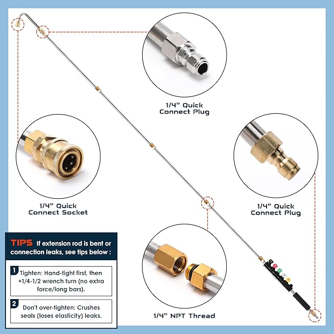 Pressure Washer Extension Wand Upgrade, 9 Pack Power Washer Lance with 6 Nozzle Tips, 30°,90°,120° Curved Rod, 1/4" Quick Connect, 4000 PSI