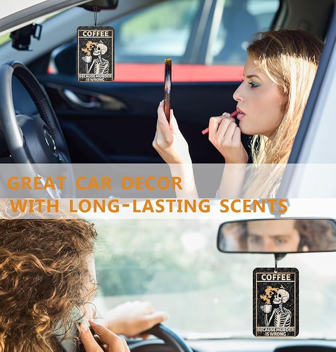 Funny Goth Car Air Freshener Hanging Skeleton Car Accessories Hanging 3Pcs, Coffee Because Murder Is Wrong Skeleton Cars Decor Fun Skull Car Accessories for Men Friends Women(Coffee)