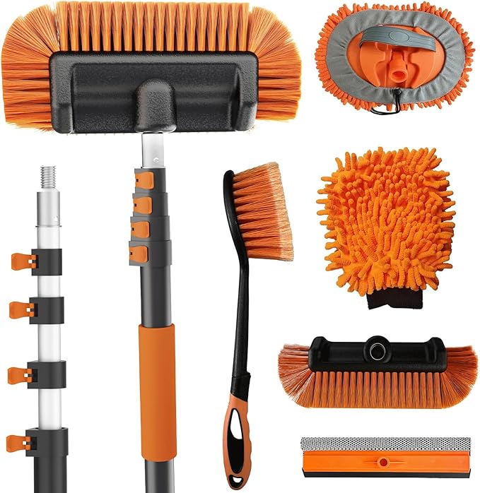 Buyplus 18FT Reach Car Wash Brush with Long Handle - Car Cleaning Kit with 3-12FT Extension Pole, Wheel Brush, Microfiber Cleaning Mop, Mitt, Window Squeegee for RV Truck SUV Boat Solar Pane Washing