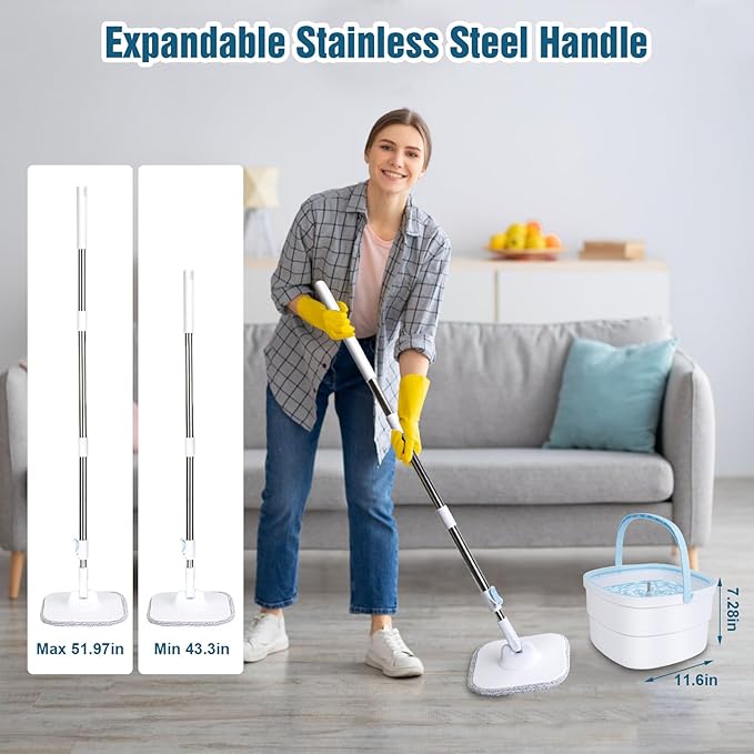 Spin Mop and Bucket Set with Self Separation Dirty and Clean Water System Self Wringing 180 °Rotating Clean Mop-Head for Hardwood Tile Marble Floor (Square Spin Mop, 2 Replaceable Microfiber Mop Pads)