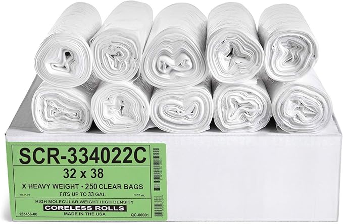 Aluf Plastics 33 Gallon 22 Micron (eq) Premium Clear Trash Bags - 32" x 38" - Pack of 250 - For Office, Kitchen, Bathroom, Commercial, Janitorial, Industrial, & Hospitality (Pack of 250)