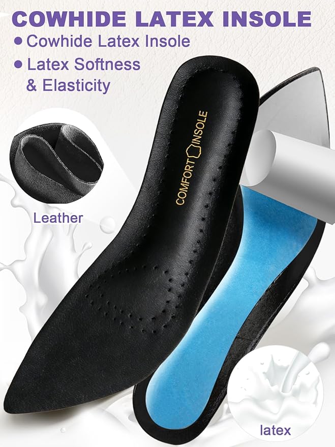 Leather High Heels Insoles for Women, Uultra-Thin Self-Adhesive Non-Slip Pointed Toe Heel Inserts, Shock & Sweat Absorption - Comfort Shoe Pads for High Heels Sandals Flats (Black, S (Women 7-8.5)