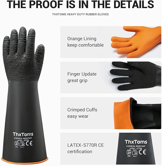ThxToms Heavy Duty Rubber Gloves, Industrial Chemical Resistant Gloves Waterproof Reusable Protective Work Gloves for Cleaning, Dishwashing,Upgraded with Non-Slip Design, Black, 14" 1 Pair