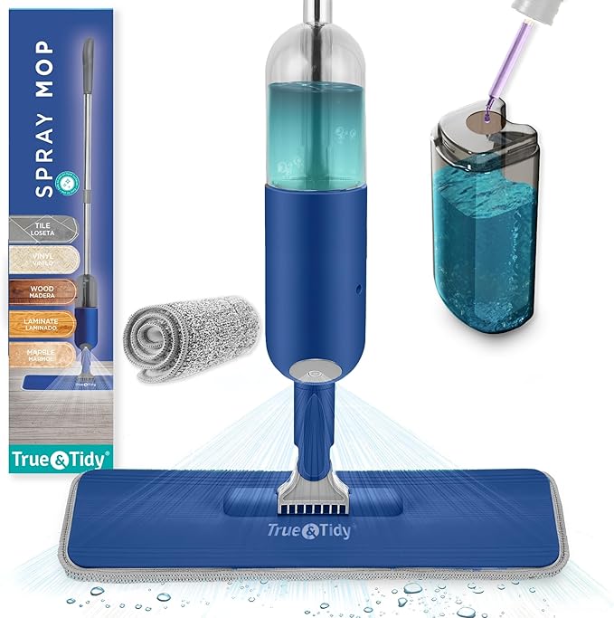True & Tidy® Multi-Surface Spray Mop with Refillable Water Bottle, Use Any Cleaning Solution Easy to Fill and Refill with Machine Washable Mop Pad (Navy)