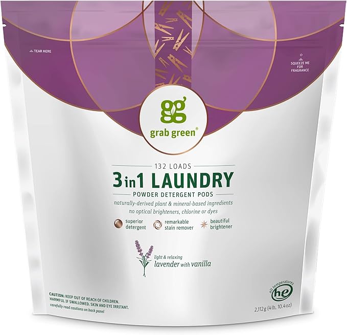 Grab Green 3-in-1 Laundry Detergent Pods, Lavender Vanilla Scent, Plant and Mineral Based, Superior Cleaning Power, Stain Remover, Brightens Clothes, White, 132 Count