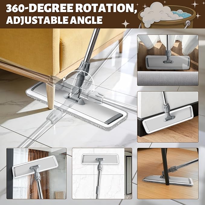 17.7" Microfiber Mop for Floor Cleaning, 59in Long Adjustable Stainless Steel Handle, 360° Rotating Large Flat Mops, 4 Washable Pads for Dry & Wet Cleaning for Hardwood, Vinyl, Laminate, Grey