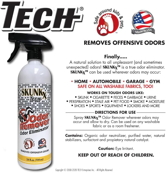 TECH Skunk-X Odor Eliminator Spray - Instant Odor Remover for Washable Fabrics and Indoor Spaces (24 Oz)