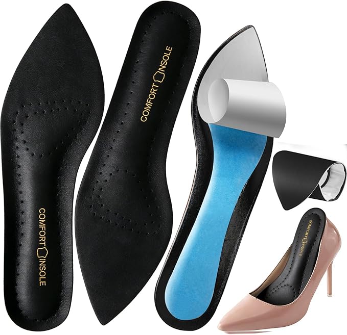 Leather High Heels Insoles for Women, Uultra-Thin Self-Adhesive Non-Slip Pointed Toe Heel Inserts, Shock & Sweat Absorption - Comfort Shoe Pads for High Heels Sandals Flats (Black, M (Women 8-9.5)