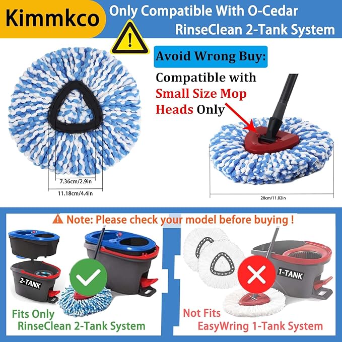 6 Pack Mop Head Replacement for O Cedar Only 2-Tank RinseClean Spin Mop, Mop Replace Refills for Ocedar Made of Fluffy Microfiber, Machine Washable, with 1 Mop Base
