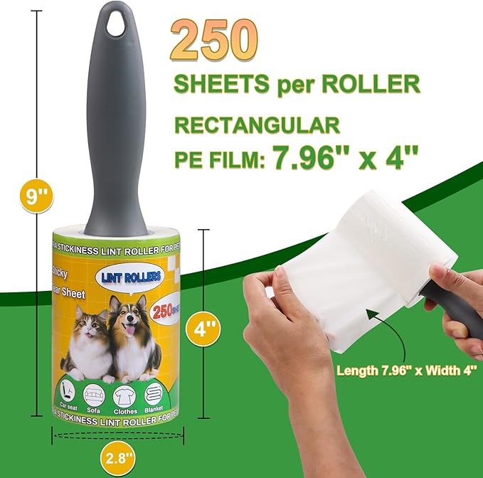 Lint Roller Pet Hair Value Pack of 500 Sheets, Extra Sticky Lint Remover for Dog & Cat Fur, Clothes, Furniture, Couches Reusable Rollers for Fuzz, Fluff & Hair (White, 2 Count / 500 Sheets)