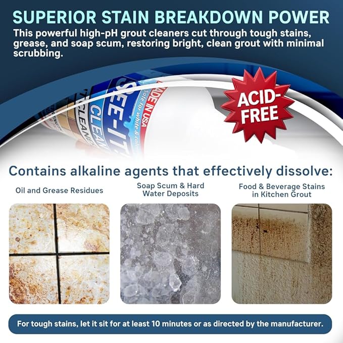 SEE-IT! Grout & Tile Deep Cleaner Brightener & Heavy-Duty Stain Remover Acid-Free Safe for Ceramic, Porcelain, Marble, Stone - 32 fl. oz. with Hand Cleaning Brush