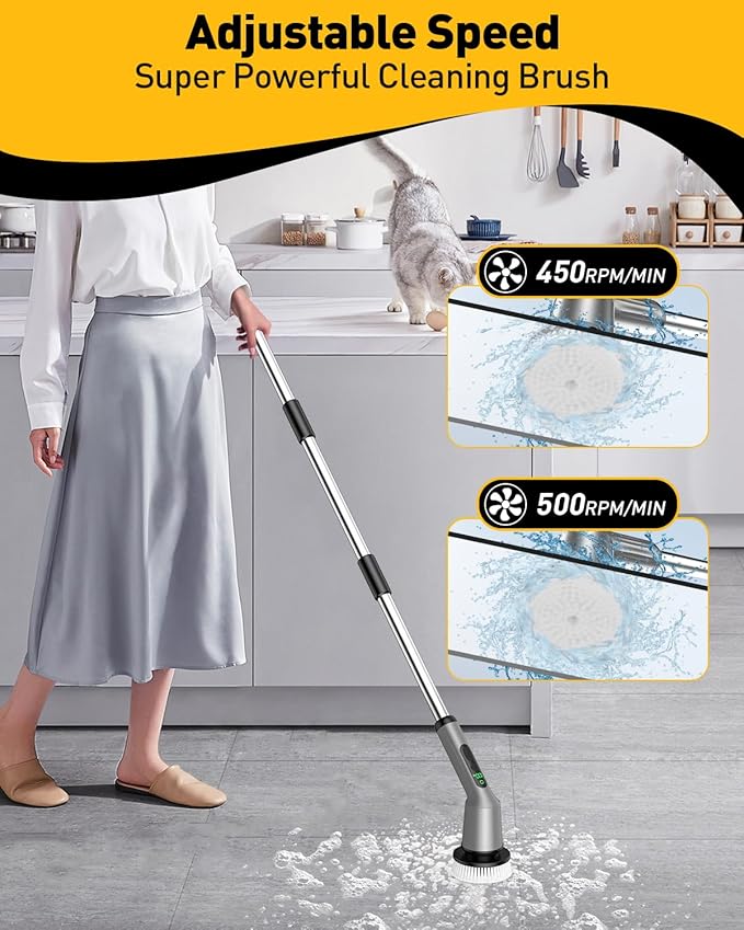Electric Spin Scrubber for Cleaning Bathroom, Shower Scrubber Cordless Cleaning Brush with IPX7 Waterproof & 2 Speed, 3 Brush Heads, Bathroom Cleaning Supplies for Shower Tub Tile Toilet Grey