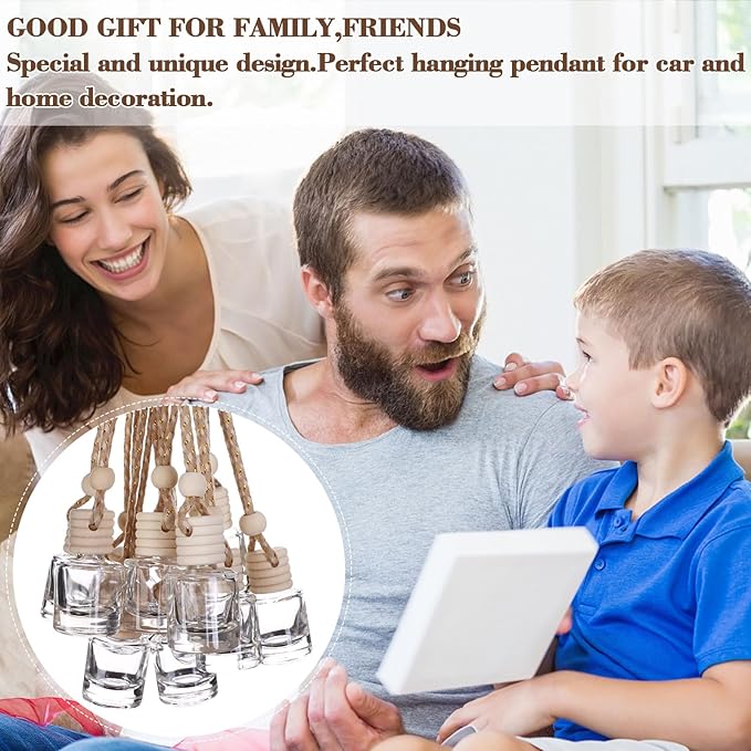 210Pcs 8ml Hanging Car Air Freshener Diffuser Cylindrical Empty Clear Glass Essential Diffuser Oil Aromatherapy Fragrance Perfume Pendant Glass Vial with Wooden Caps Hanging String Car Diffuser Bottle