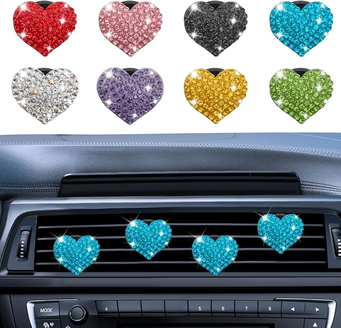 4PCS Heart-Shaped Car Vent Clip with Rhinestone, Vent Clip Car Accessories, Sparkly Rhinestone Bling Diamond Freshener Holder, Air Conditioning Outlet Ornament for Women Girls (Blue, Style1)