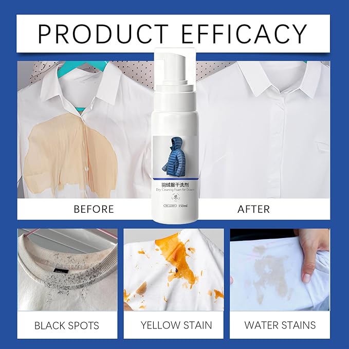Down Jacket Detergent, Dry Wash Foam Spray 150ml for Clothes, Jackets, Coats, Fabrics, Carpet, Sofa, Home, Travel, Easy Stain Removal Use