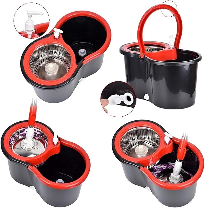 360° Spin Mop Bucket Sets with Wring System in 3 Microfiber Heads, Stainless Steel Basket