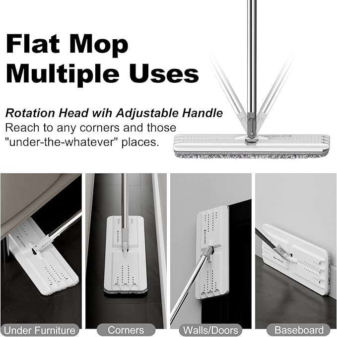 Flat Mop with Reusable Microfiber Pad, Flexible Mop Head for Efficient Cleaning, Ideal for Hardwood, Laminate, and Tile Surfaces - White